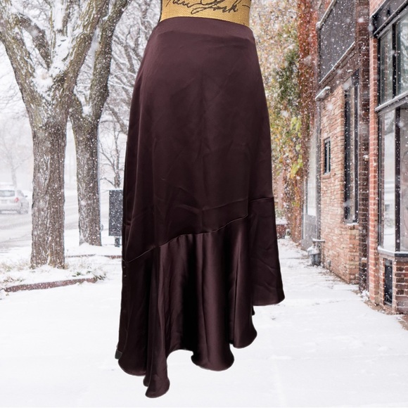Zara Dresses & Skirts - ZARA satin silky dark brown asymmetrical midi slip skirt